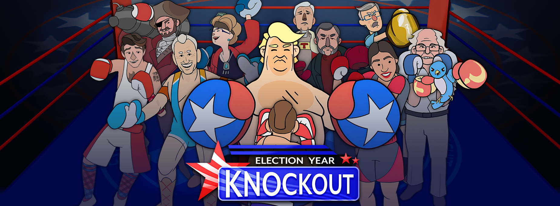 Election Year Knockout Feature Image: The player character faces off against Donald Thump with the rest of the game's cast in the near background.