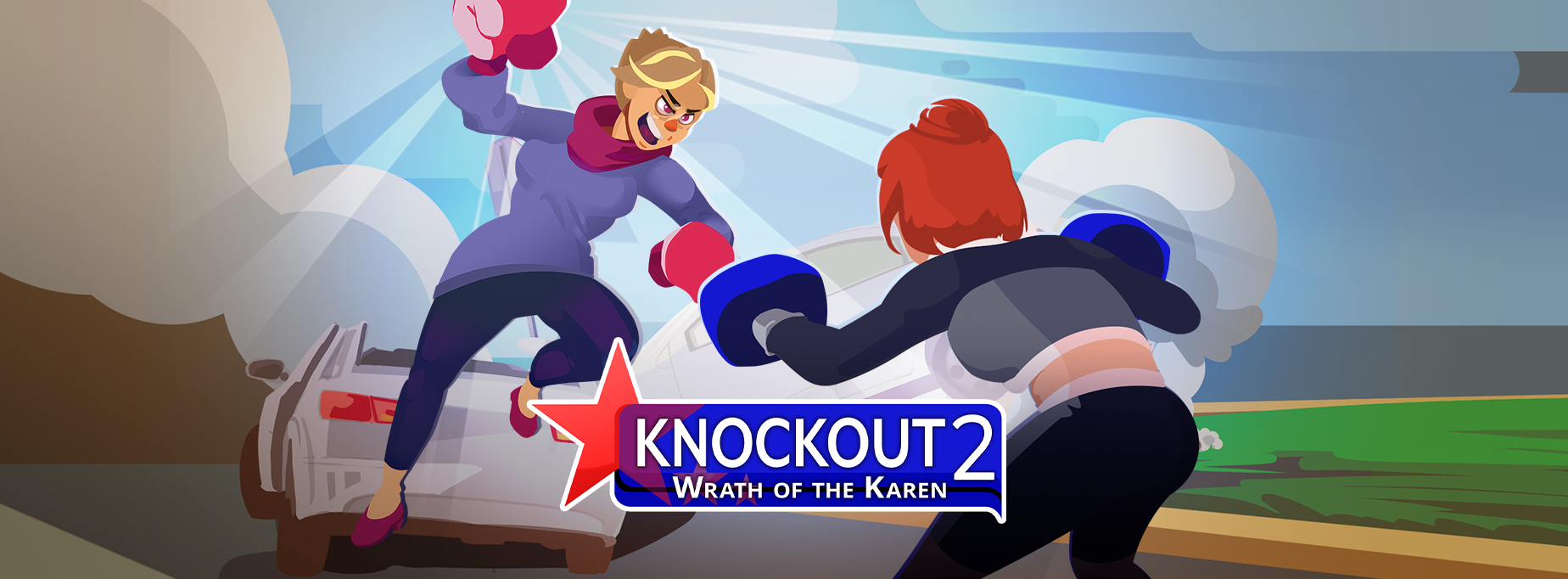 Knockout 2: Wrath of the Karen Feature Image: The player character faces off against a canonical karen in front of vehicular wreckage.
